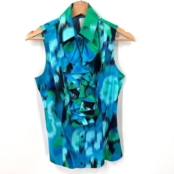 Anne Fontaine Greens blues ruffle watercolor sleeveless button blouse top 38 4 6 - Picture 1 of 12